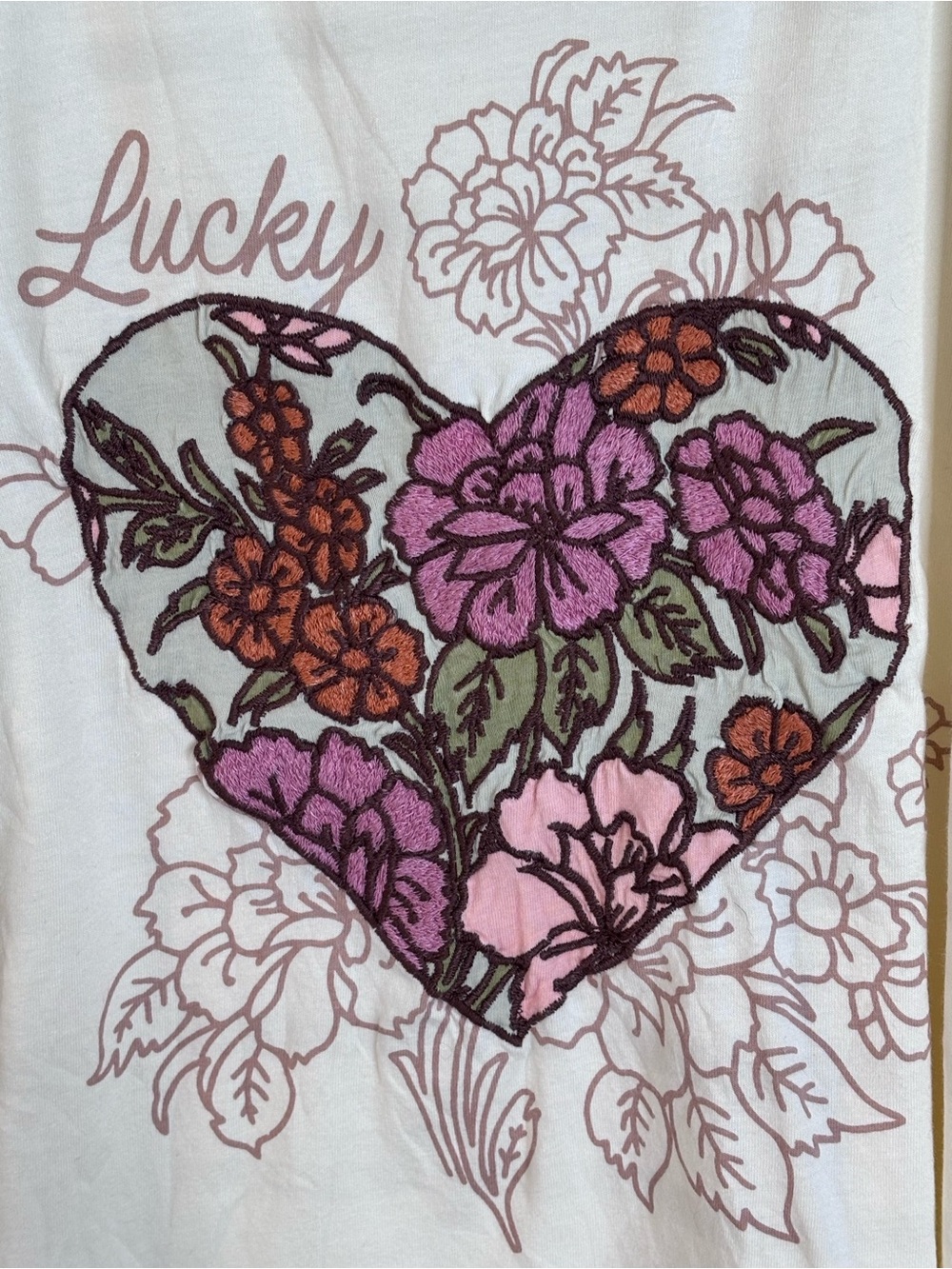 Lucky Brand Cream Graphic Tee with Floral Embroidered Print XL - Picture 3 of 7